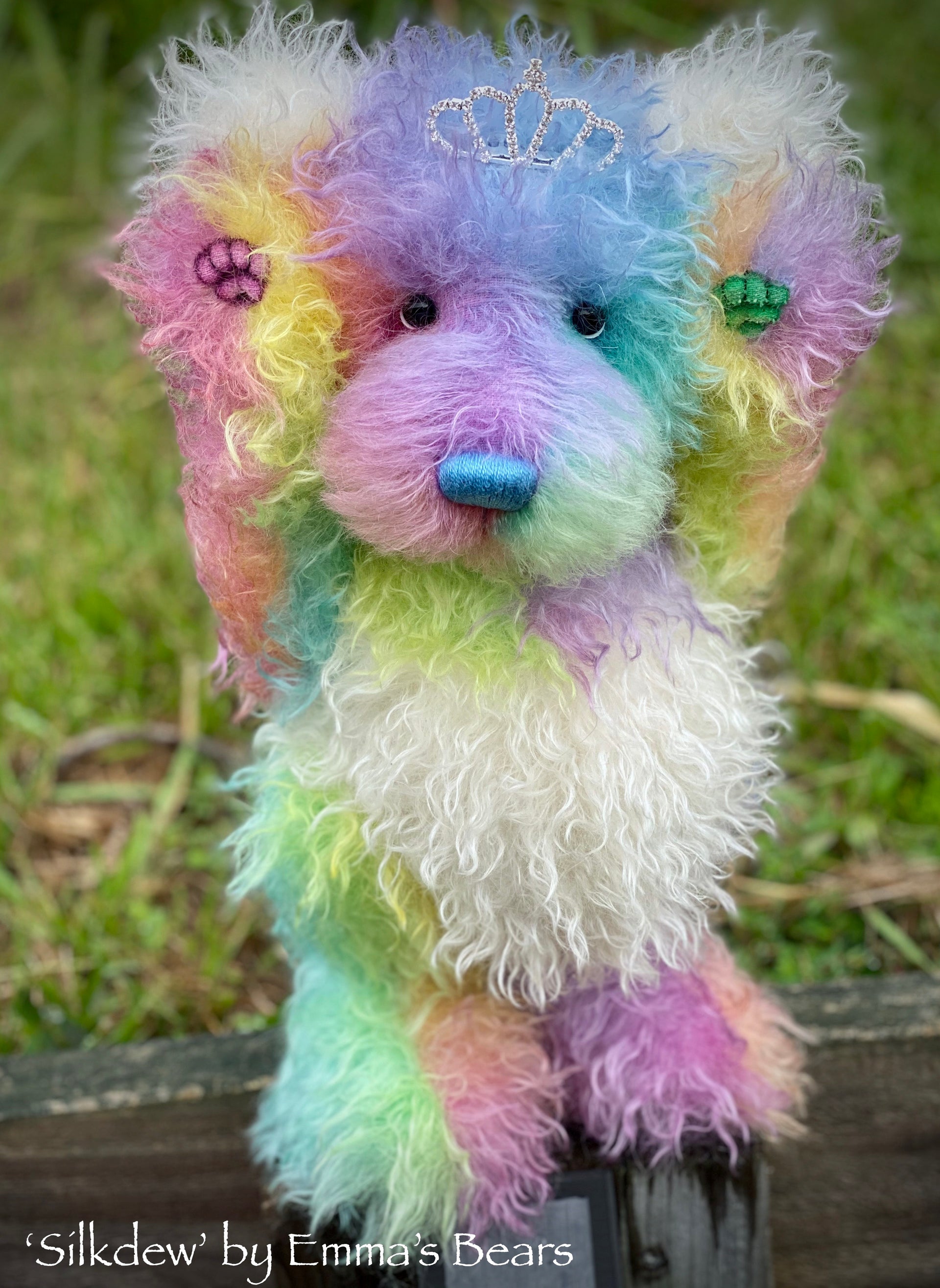 Silkdew - 17" hand dyed rainbow mohair bear by Emmas Bears - OOAK