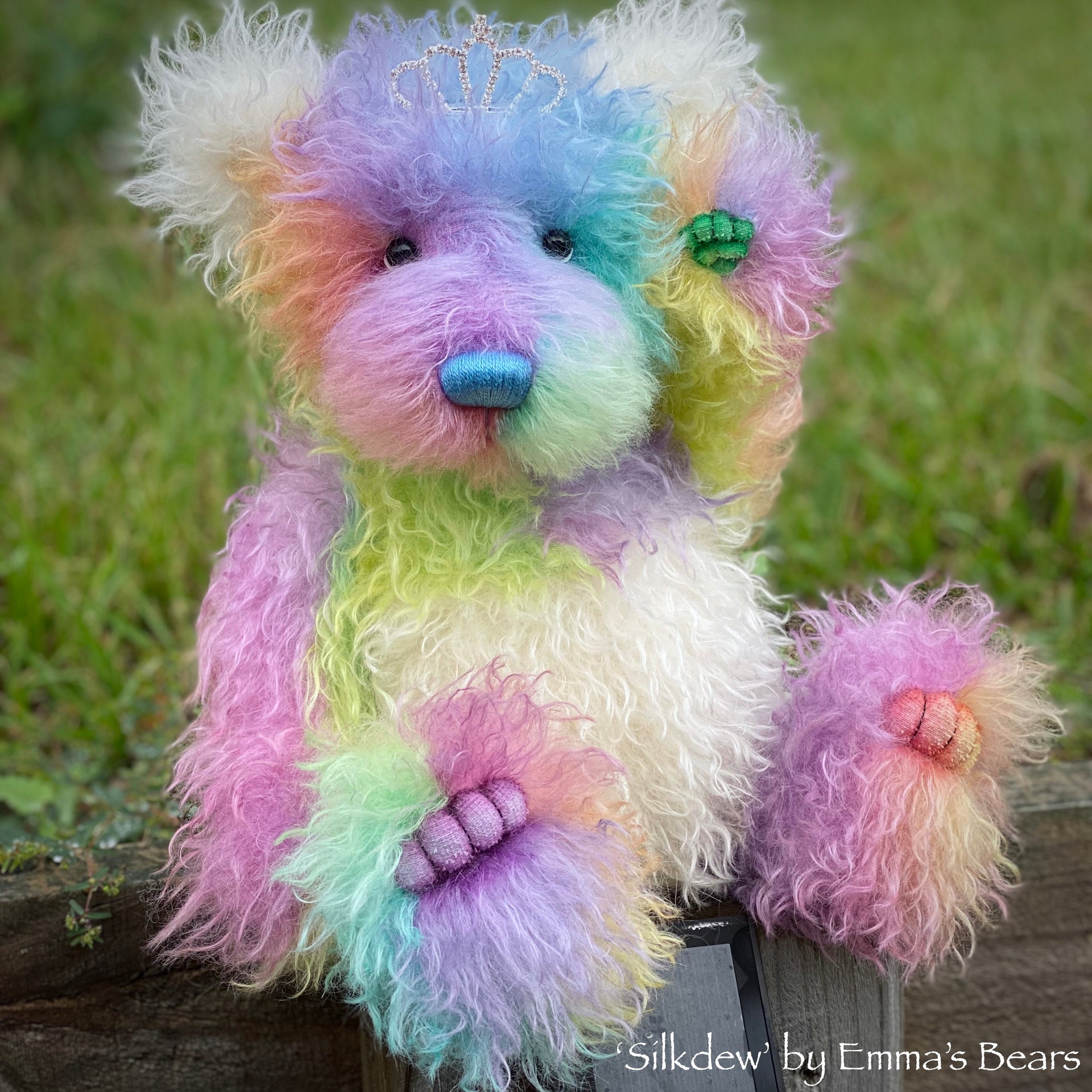 Silkdew - 17" hand dyed rainbow mohair bear by Emmas Bears - OOAK