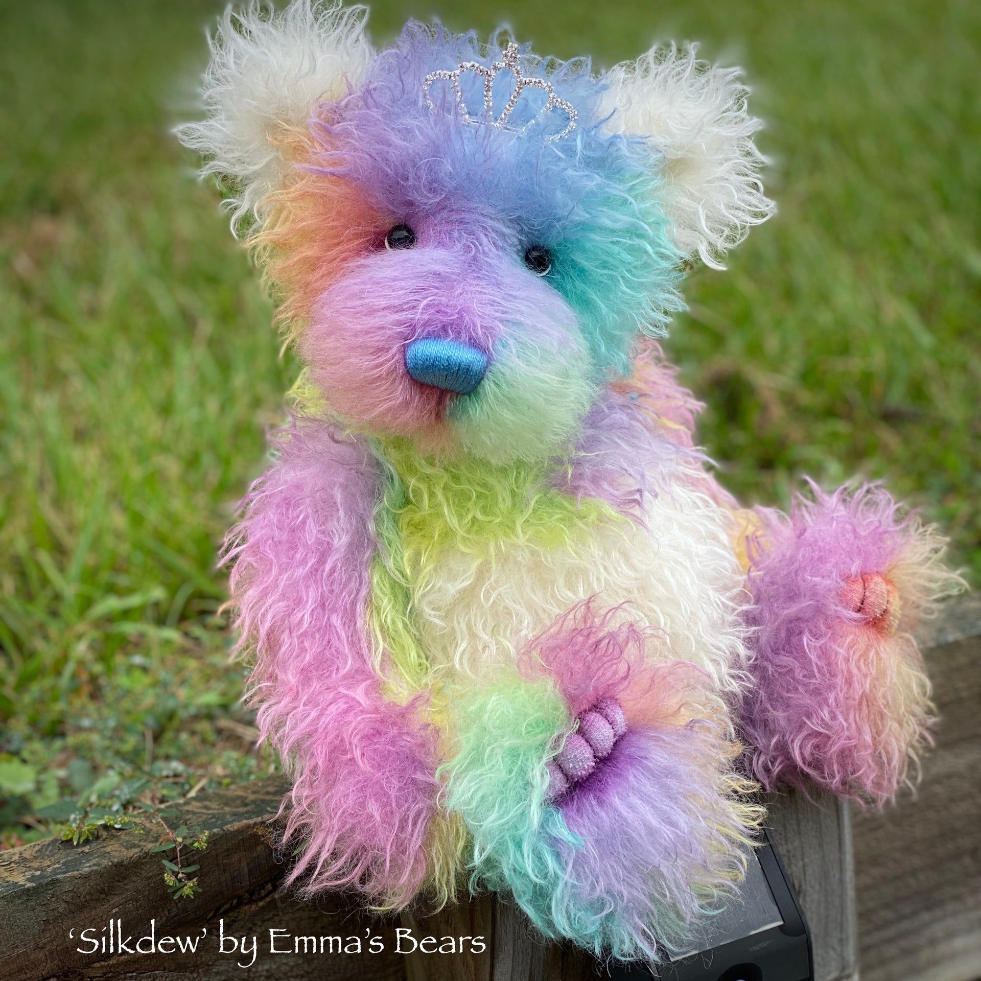 Silkdew - 17" hand dyed rainbow mohair bear by Emmas Bears - OOAK