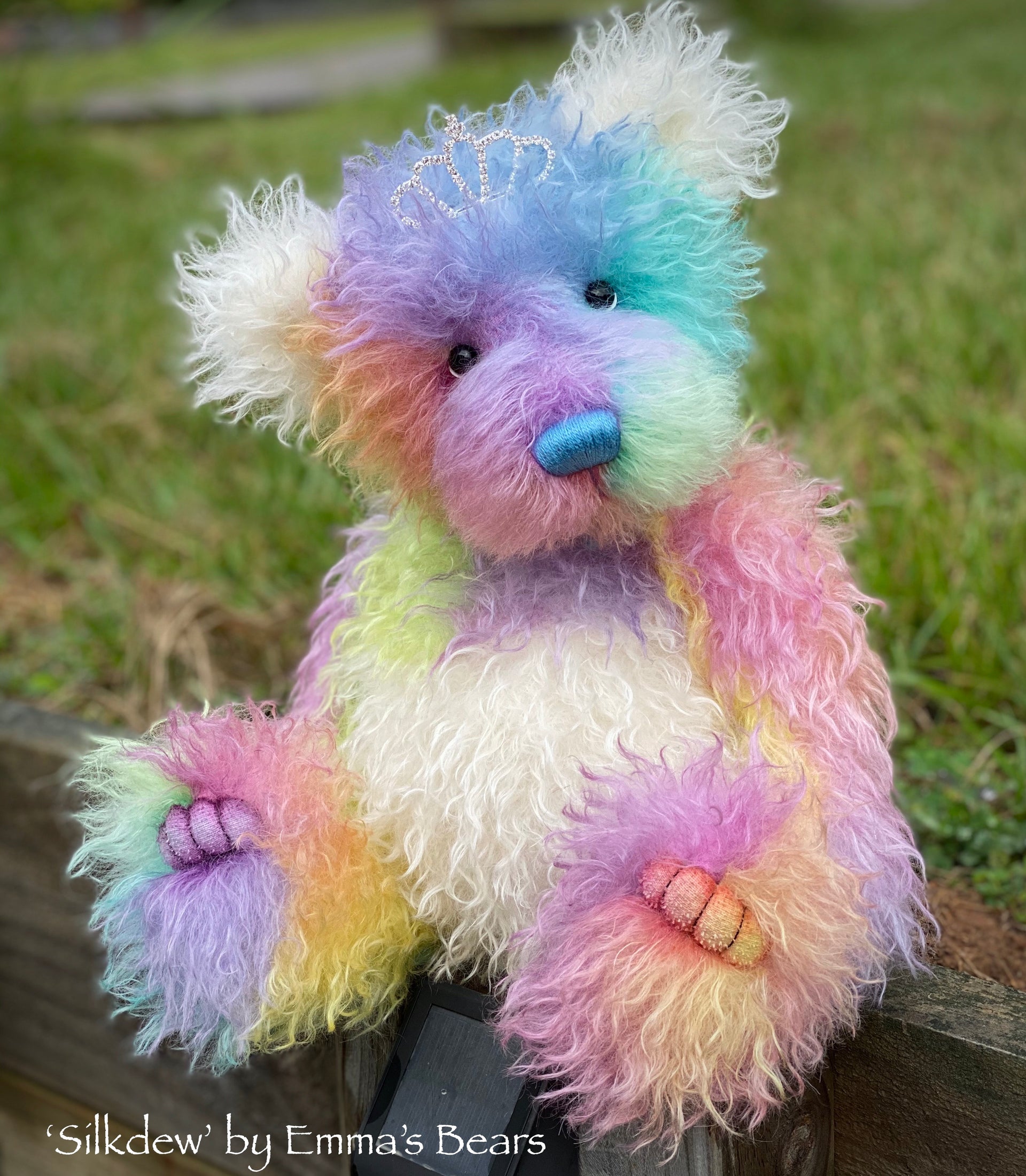 Silkdew - 17" hand dyed rainbow mohair bear by Emmas Bears - OOAK