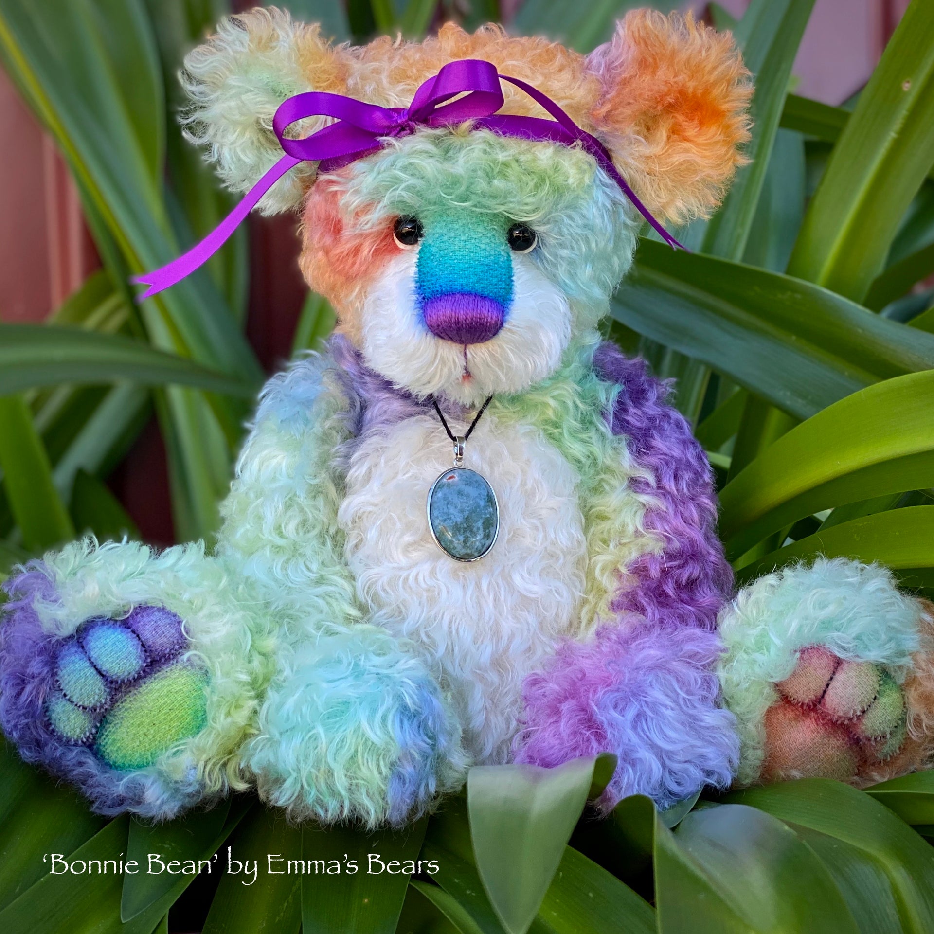 Bonnie Bean - 15" hand dyed rainbow curly kid mohair Artist Bear by Emma's Bears - OOAK