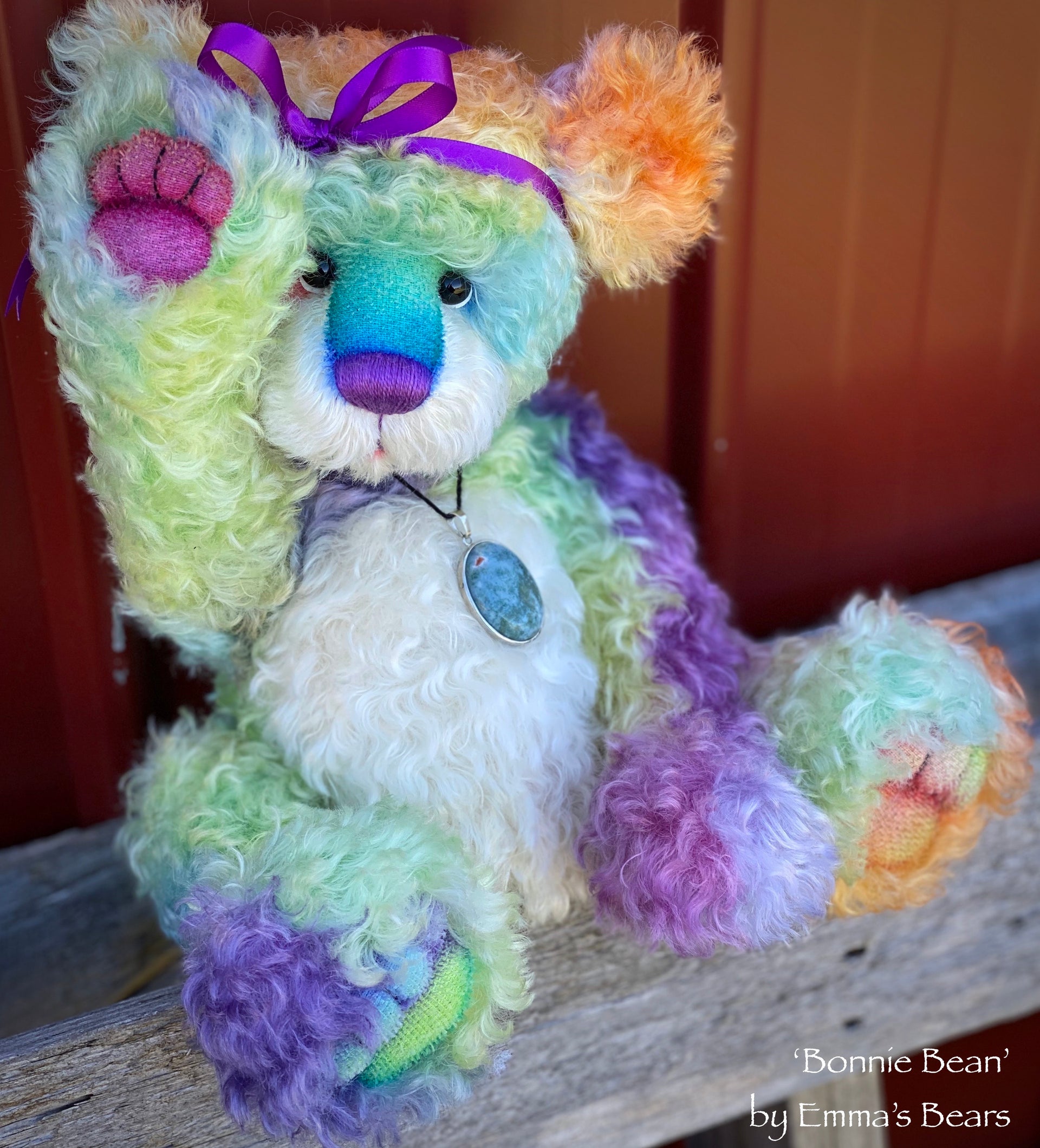 Bonnie Bean - 15" hand dyed rainbow curly kid mohair Artist Bear by Emma's Bears - OOAK