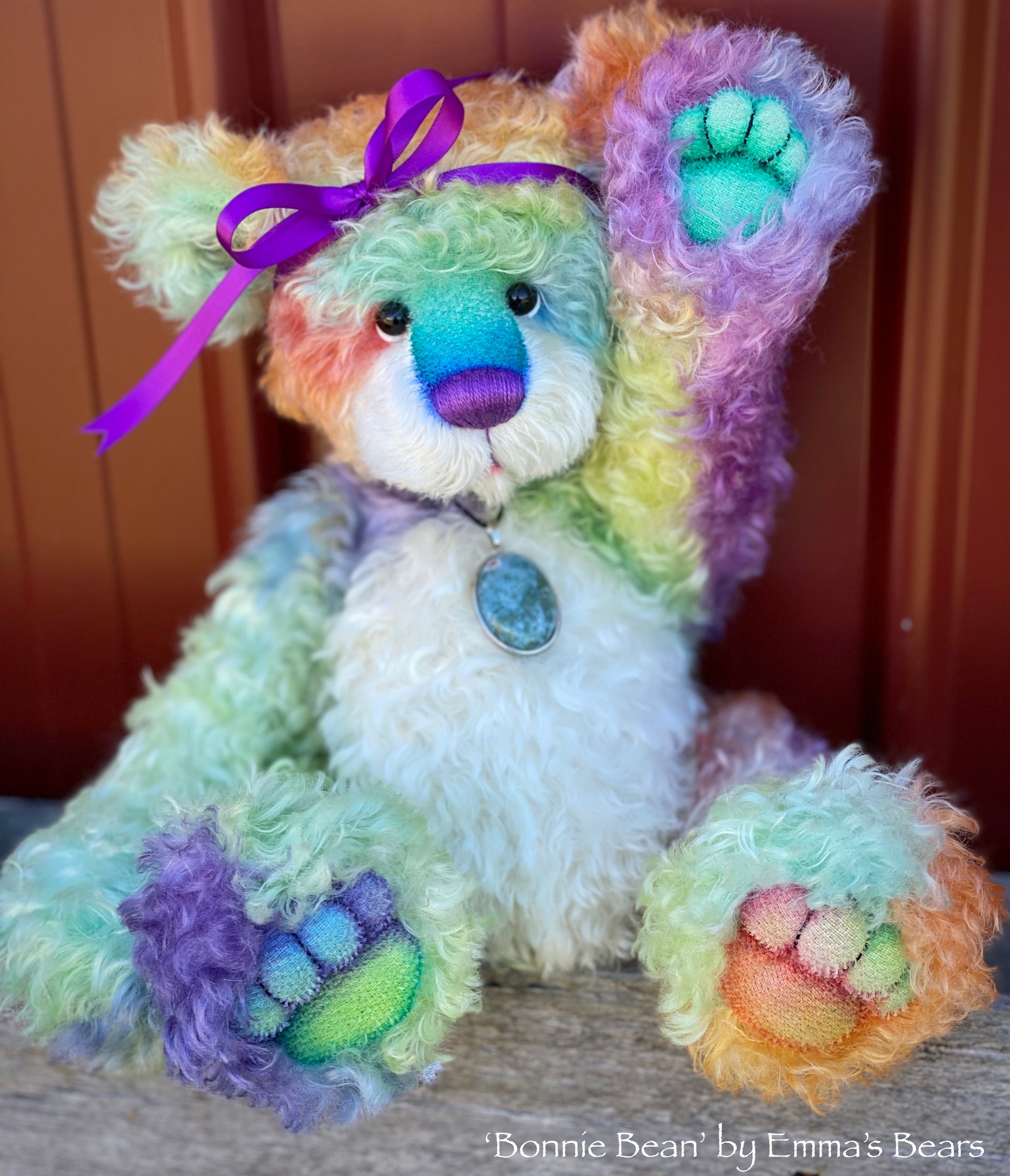 Bonnie Bean - 15" hand dyed rainbow curly kid mohair Artist Bear by Emma's Bears - OOAK