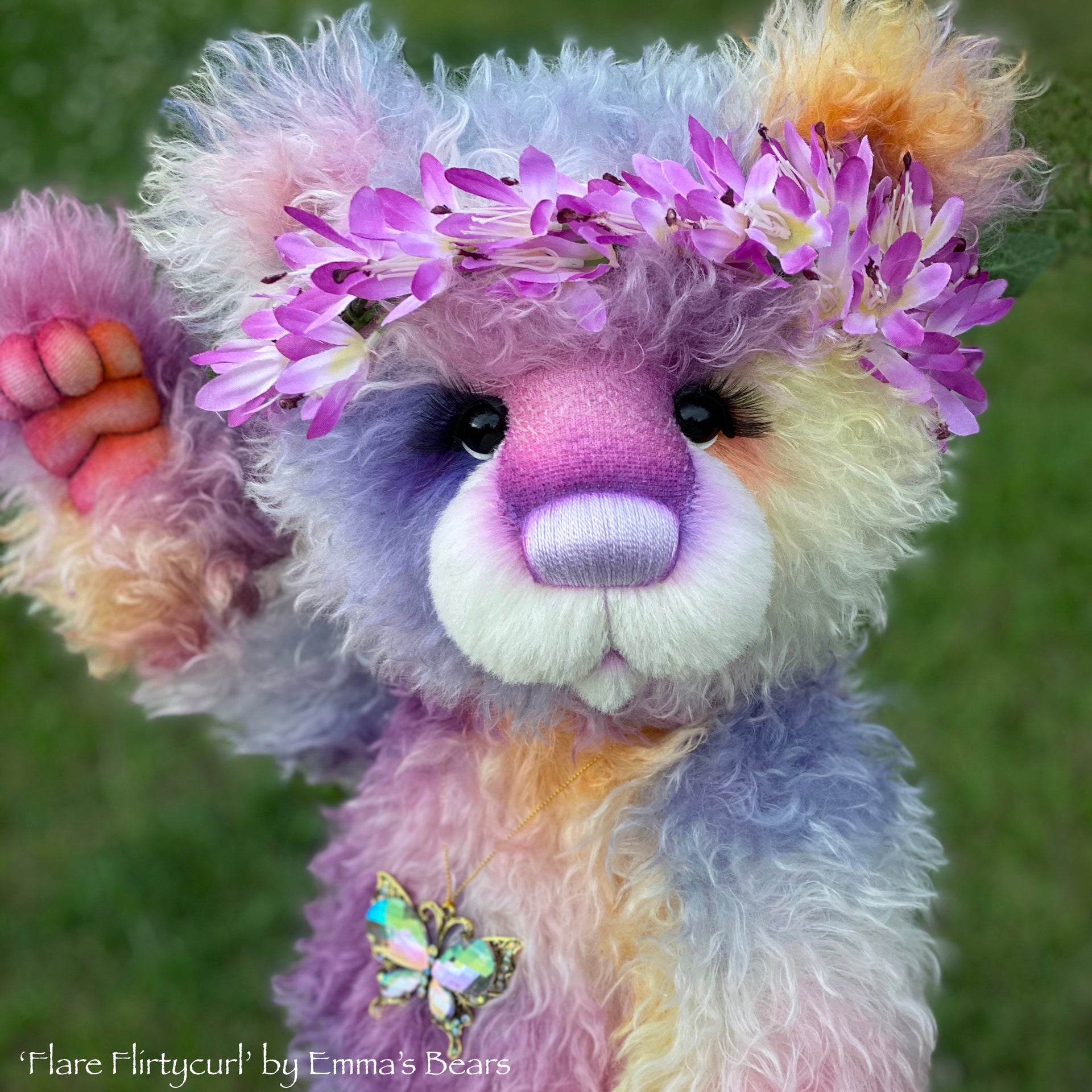 Flare Flirtycurl - 23IN hand dyed rainbow mohair bear by Emmas Bears - OOAK